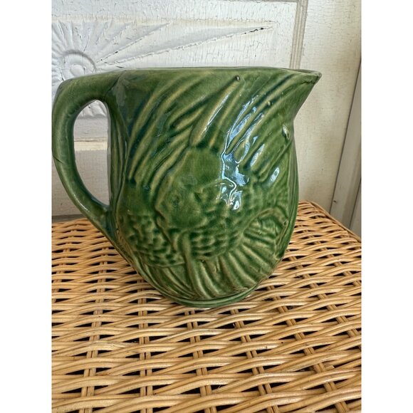 Vintage 1930s McCoy Green Water Pitcher Angel Fish Farmhouse Rustic Primitive - Picture 8 of 10